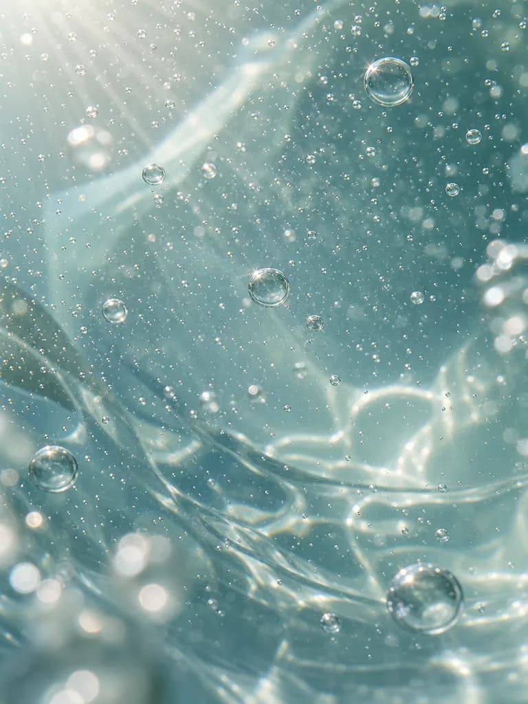 Makroaufnahme von Wasser mit Lichtbrechungen und feinen Partikeln