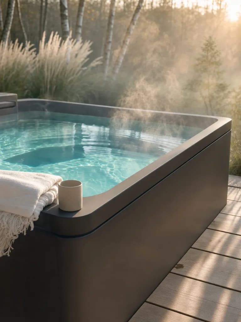 Whirlpool mit kristallklarem Wasser und sanftem Dampf im Morgenlicht