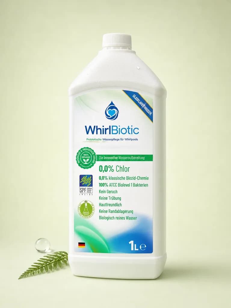 Nahaufnahme der WhirlBiotic-Flasche auf neutralem Untergrund