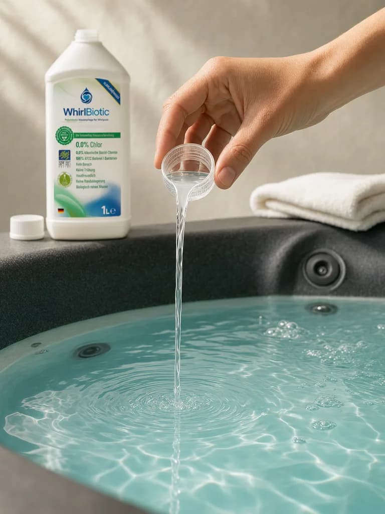 Hände gießen eine dosierte Menge WhirlBiotic in sprudelndes Spa-Wasser